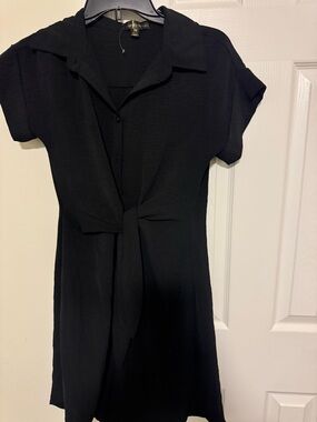 Tie-Front Collared Black Mini Dress